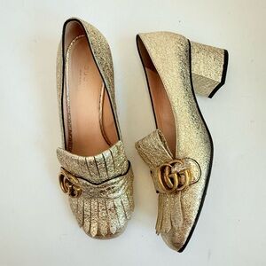 Gucci Gold Metallic leather GG fringe Marmont 55mm Heeled Loafer pumps EU 38